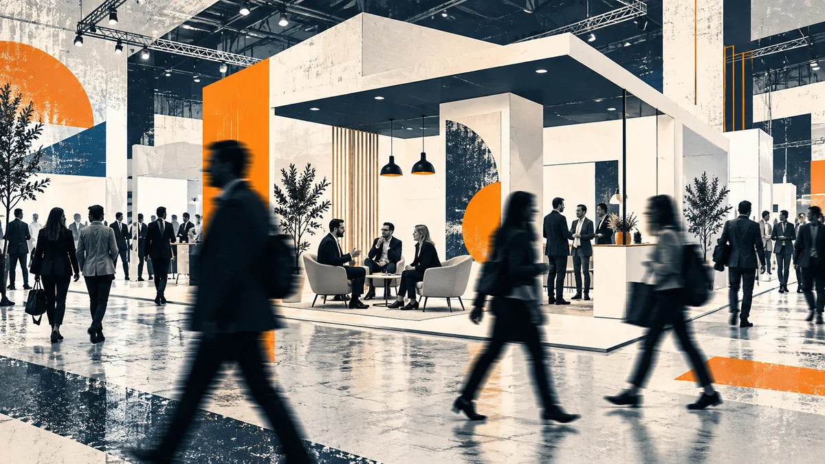 Professionnels échangeant sur un salon international dans l’univers graphique de Konyfer
